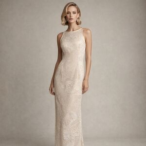 VTG McClintock Full-Length Cream Floral Lace Overlay Gold Sequin Sleeveless Gown